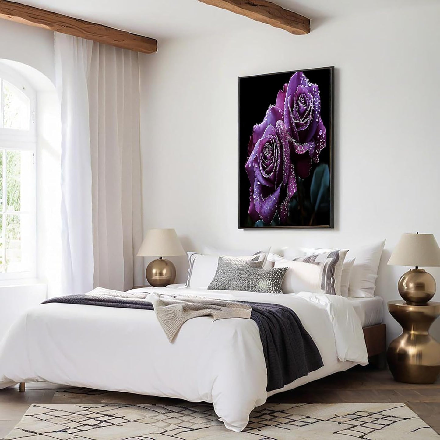 GDJSMIN Romantic Style Wall Art, Water Drop Purple Rose Poster for Reading Room Living Room Decor 24 x 36 inch Unframed