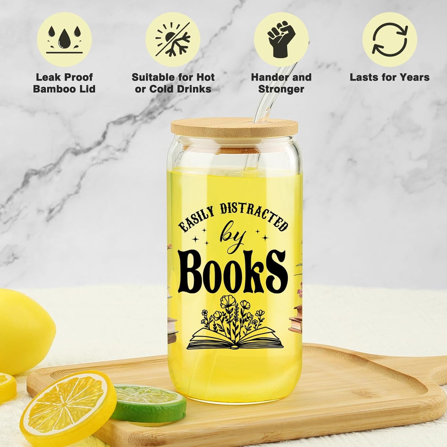 Book Lovers Coffee Glass Cups w/Lids Straws, Easily Distracted By Books Glass Cup, Bookish Gifts for Women, Birthday Gifts For Women Best Friend, Bookworm Club Gift, Student Reading Gift