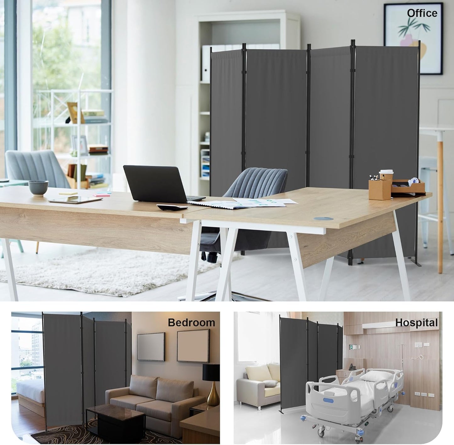 Privacy Screen Room Divider as Dressing Screen 4 Panel Wall Room Divider with 3 Wider Feet Portable Wall 6FT Partition Wall for Office Dining Room Children's Separate Rooms,Grey