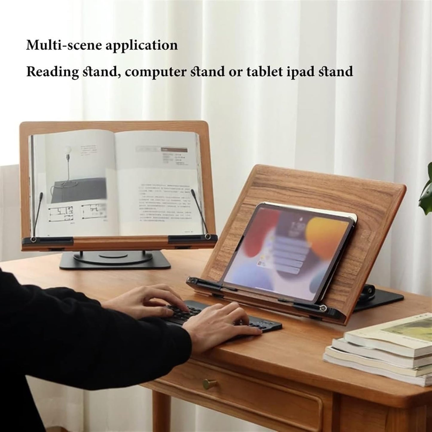 Book Stand Metal Book Holder with Paper Clips for Reading, 360° Rotate Cookbook Holder Stand, Laptop Stand Adjustable Height for Writing, Tablet (Color : Walnut) (Walnut) (Natural)