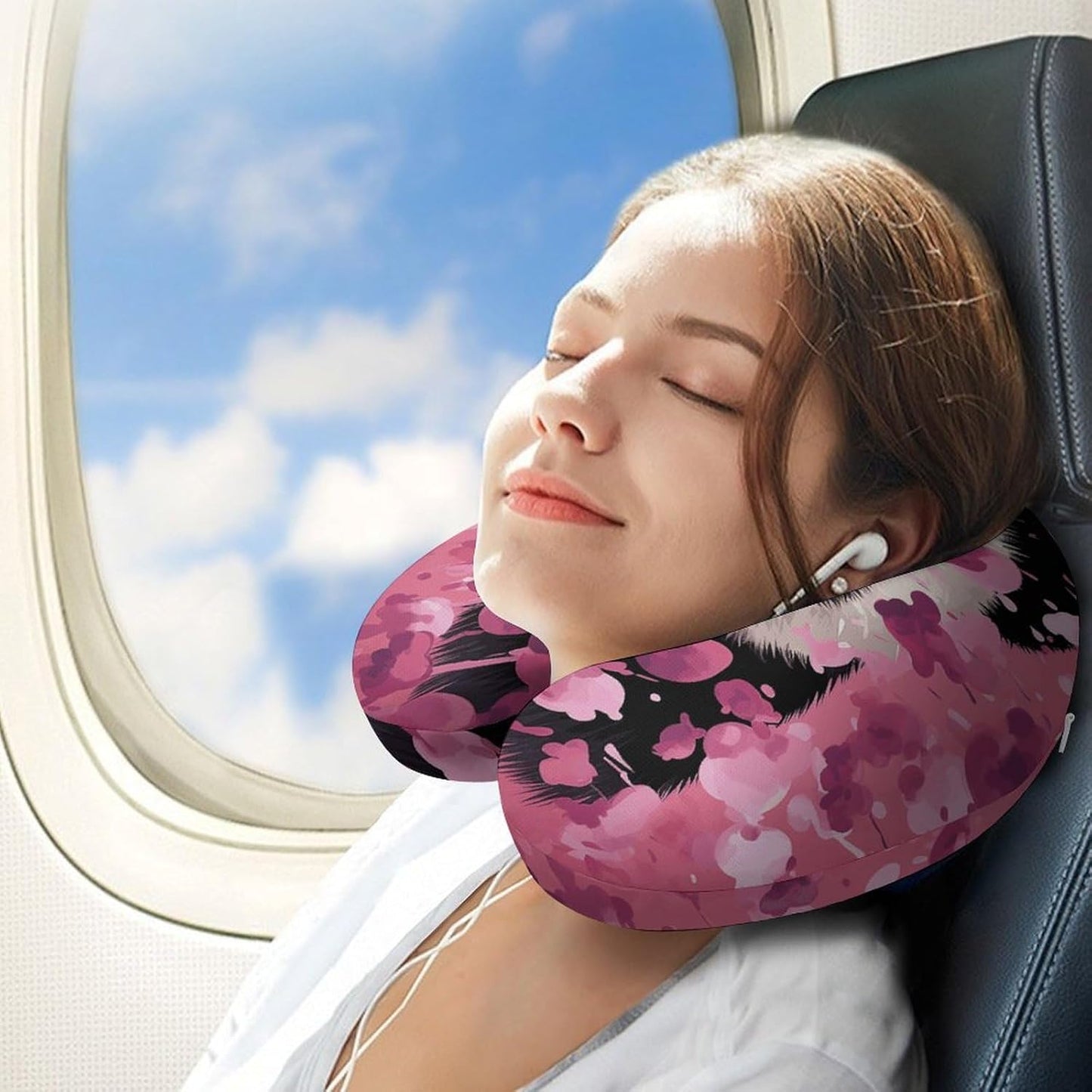 Pink Panda Cotton Neck Pillow Memory Foam U Shaped Pillows Portable Pillows for Shoulder Travel Head Support Pillow with Concealed Zipper for Airplane Car Home Office