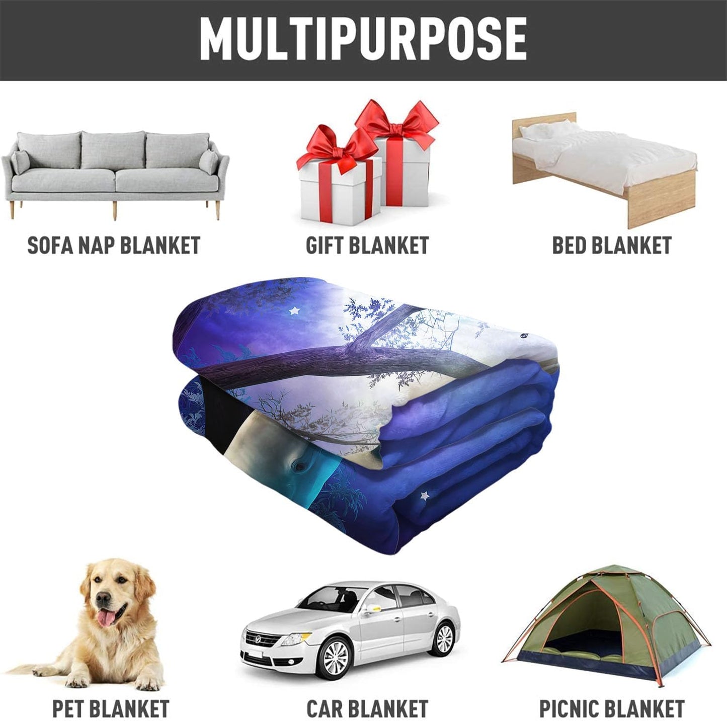 SXCHEN - Soft Fleece Blanket, 100% Microfiber, Polyester, Late Night Forest Blue Whale 2 Dolphins, 60x80 inch, Machine Wash