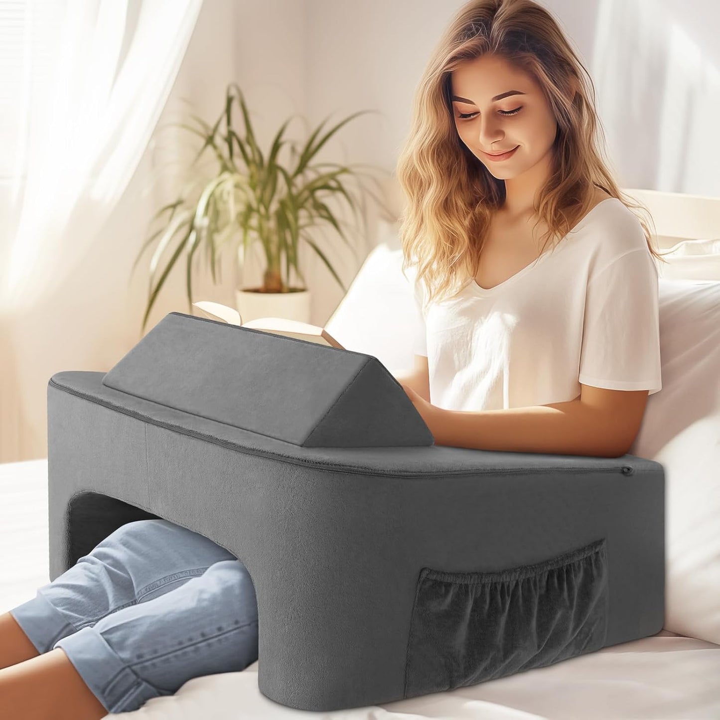 Reading Pillow for Sitting in Bed Adult Size, Back Pillow for Bed Sitting Up, Memory Foam Gaming Pillow, Lap Pillow with Triangular Pillow, Grey Bed Desk for Laptop and Writing/Gaming