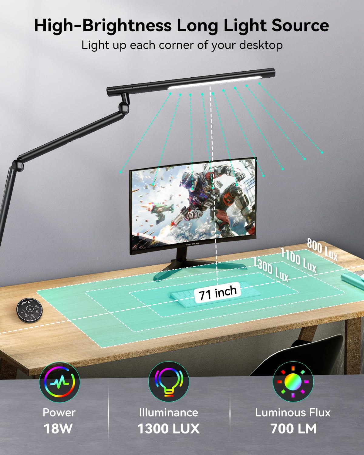 LED Desk Lamp with Clamp, 18W Architect Desk Lamp with Dual Light, Flexible 3 Sections Swing Arm, with RGB Light, with Remote, with Sensor Switch, Stepless Dimming, 4 Color Mode & 5 Brightness
