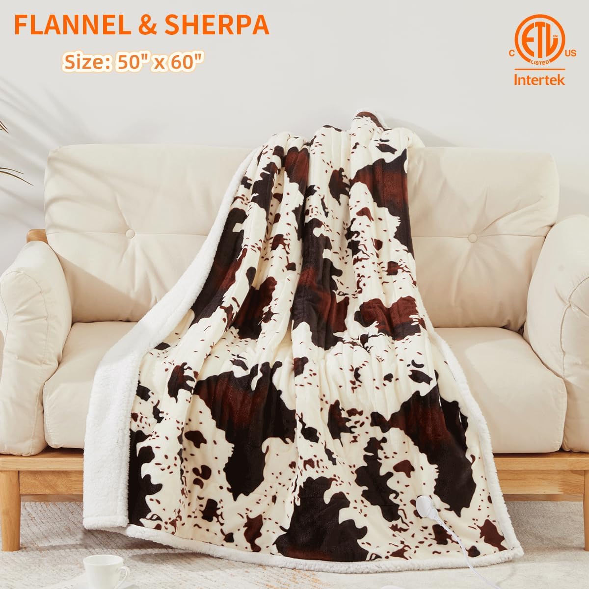 Cow Print Electric Blanket Heated Throw Blanket with 3 Heat Settings & 4-Hour Auto Shutoff, Fast Heating, Soft Flannel & Sherpa Fleece, Machine Washable, 50 x 60 Inches (Beige Cow Stripes, Throw)