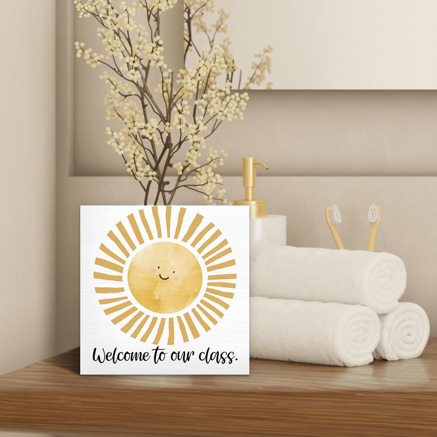 Boho Classroom Sunshine Wood Box Sign Desk Decor 8X8, Pop Smiles Rustic Welcome To Our Calss Wooden Sign Decorations for School Classroom Library Reading Nook Corner Wall Tabletop Shelf Decor