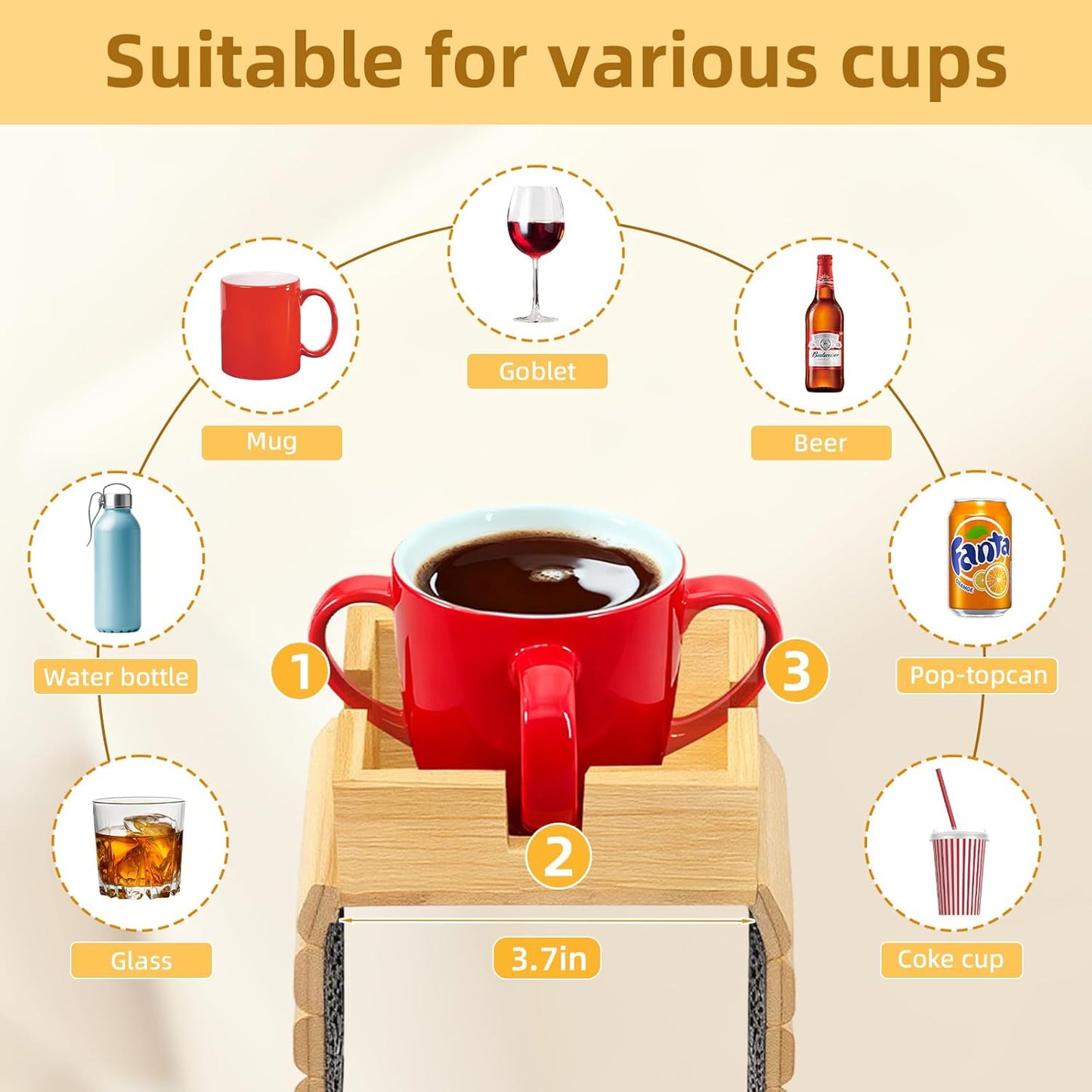 Bamboo Couch Cup Holder & Armrest Tray - Extend Your Comfort with a Secure Drink Slot and Snack Space for Recliner, Loveseat, or Sofa (Large)