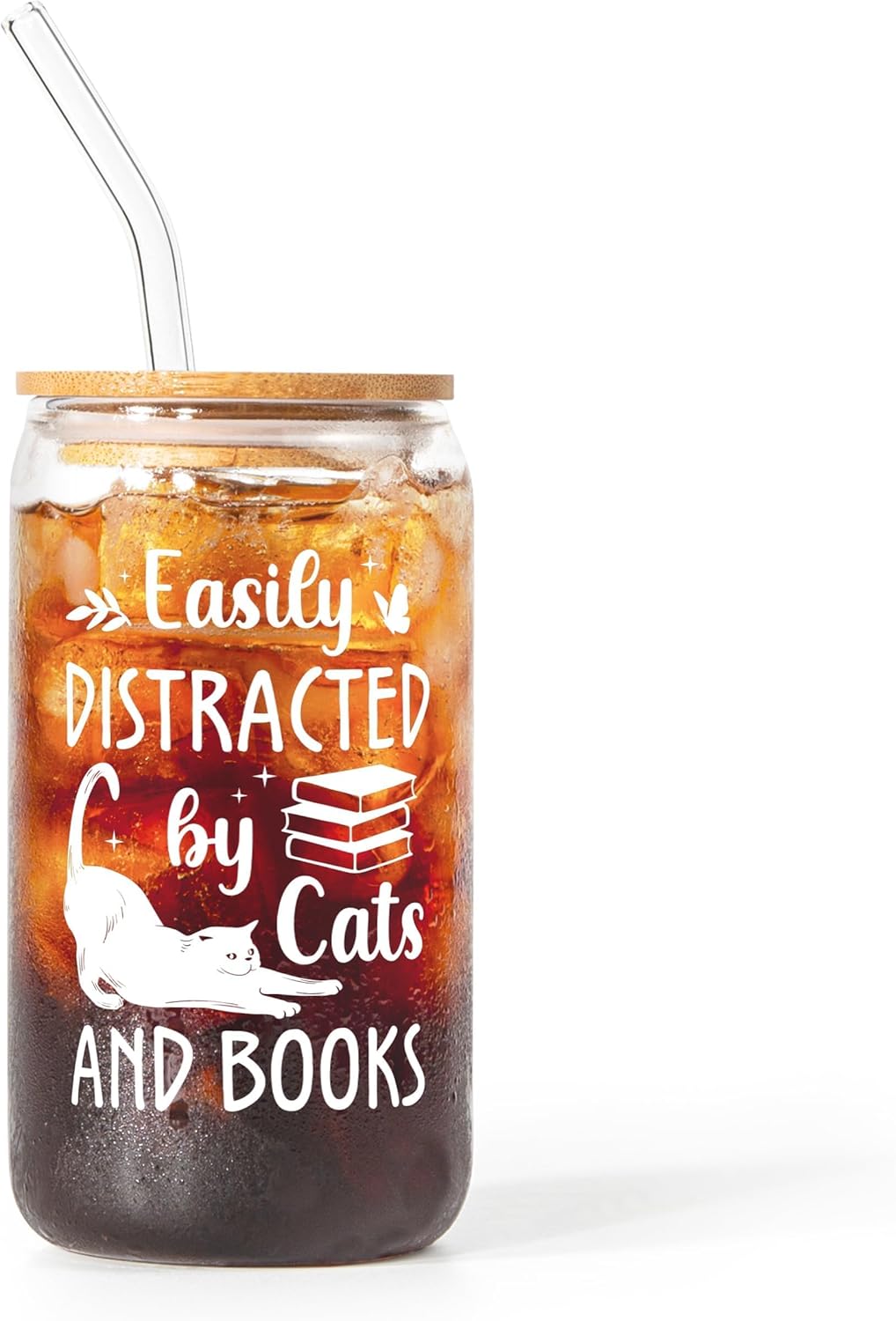 BeneCharm Cat Book Lovers Gifts - 16oz Glass Cups with Lid & Straw for Readers, Bookworm, Cat Lovers - Cute Bookish Present, Coffee Tumbler - Reading Accessories & Book Club Gifts
