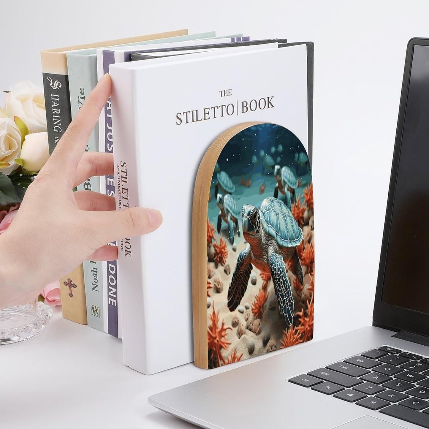 Turtle Starfish Bookend for Shelves Wooden Book End Large Size Sturdy Book Holders Stoppers with Metal Base for Bookshelves Slick Decorative Bookends Stands