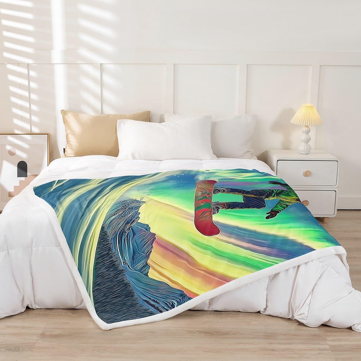 Erosebridal Aurora Skiing Blanket Throw 60"x80",Winter Ski Themed Blankets and Throws for Kids Adults,Snowboard Skier Fleece Blanket Snow Mountain Scene Sherpa Blanket for Living Room Home Decor