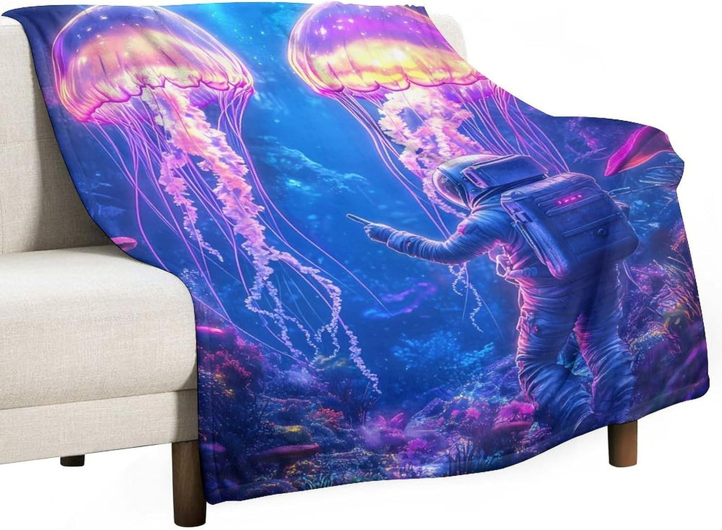 Astronaut Jellyfish Throw Blanket for Couch Bed Plush Cozy Fuzzy Flannel Blanket for All Season 40"x50"