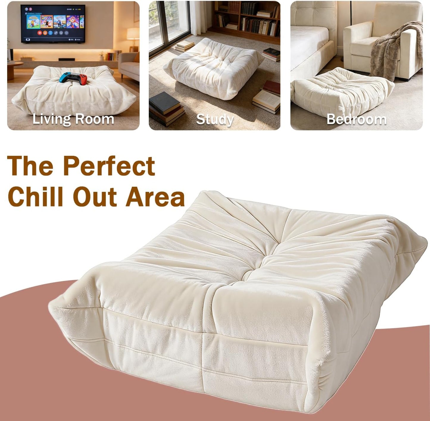 Extra Large 29.5"x27.5" Bean Bag Ottoman Fireside Chair, Memory Foam Foot Rest, Soft Corner Lazy Sofa for Living Room, Bedroom, Dorm & Apartment, Comfy Seat for Adults, Teens, Kids (Beige)