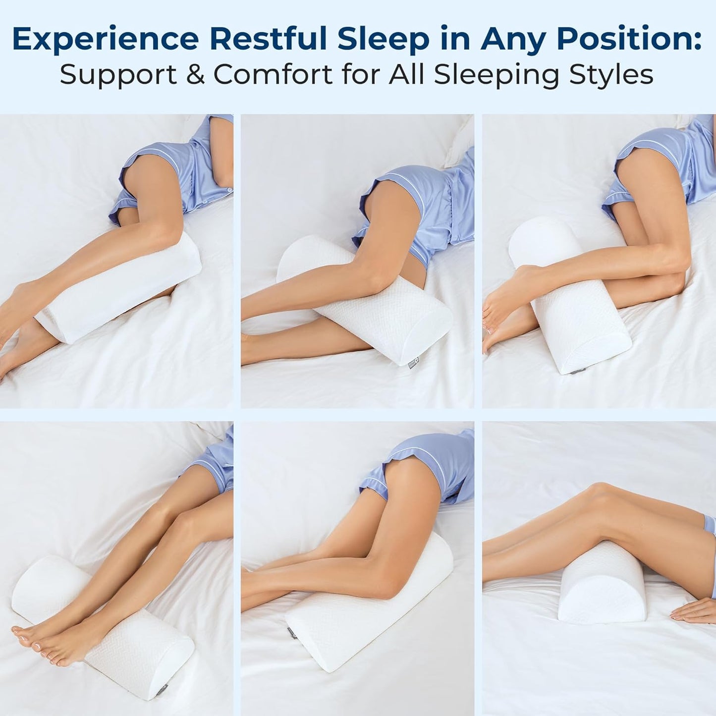 5 STARS UNITED Knee Pillow for Back Sleeping – Memory Foam Cushion for Sciatica Pain Relief – Under Leg Support for Sleeping on Back – Half Moon Bolster for Bed, White