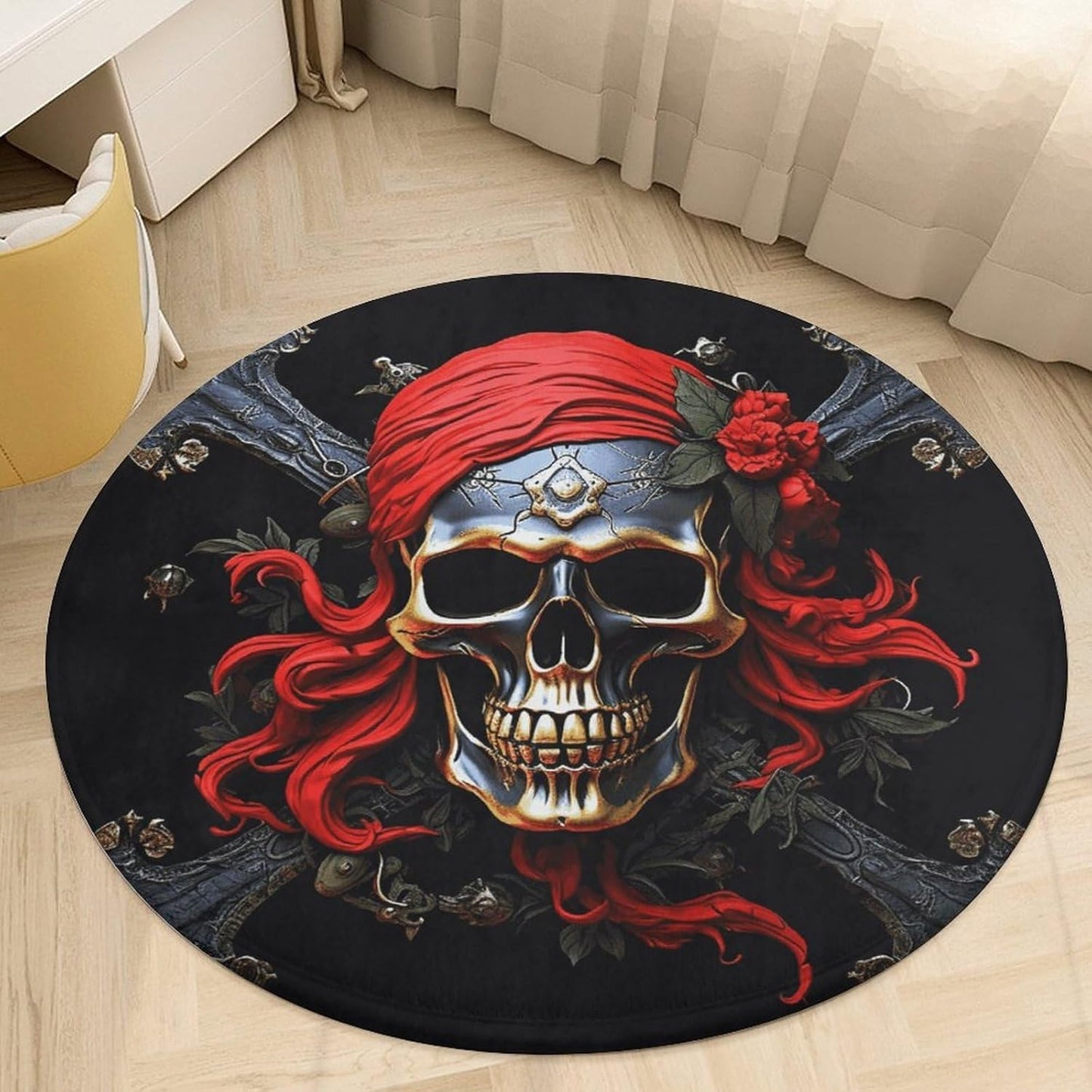 Pirate Skull Circle Rug Retro Luxury Coral Velvet Floor Mat Non Slip Soft Indoor Floor Carpet Comfy Thickened Area Rugs Modern Aesthetic Minimalist Carpets for Home Decor