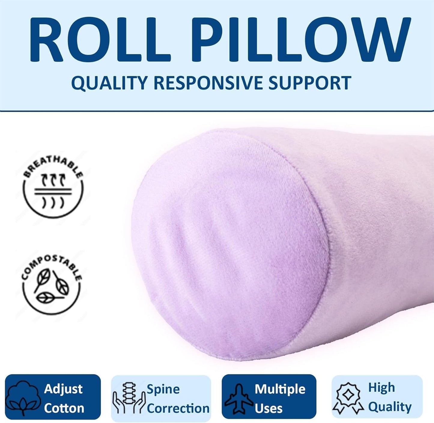 Health Cervical Neck Roll, Comfortable and Highly Resilient Bolster Pillows, Round Neck Pillows Support for Sleeping | Large Size Bolster Pillow for Bed, Legs, Back and Yoga (Purple 81)