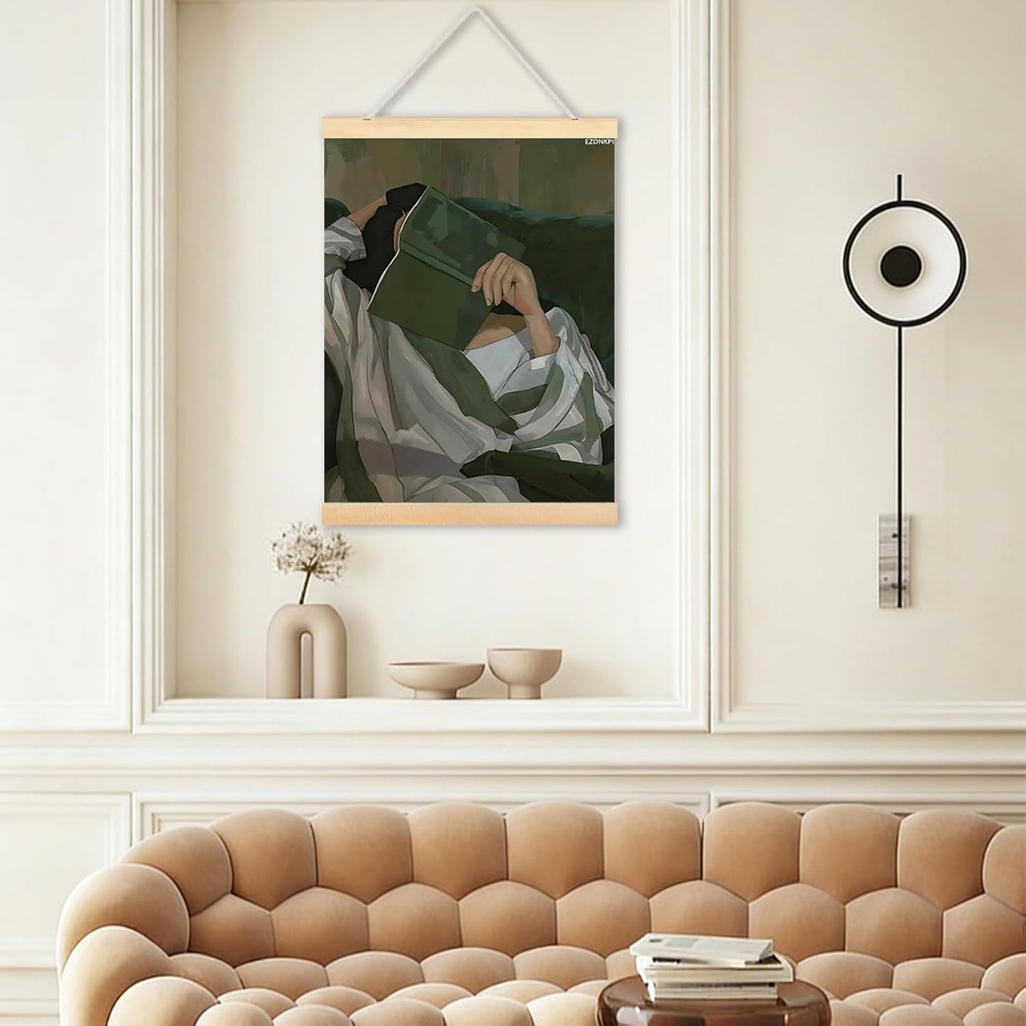 Abstract Green Feminism Wall Art Striped Portrait Aesthetic Posters Retro Reading Woman Print Decor for Home Room Wall Decor Framed 24x36Inch