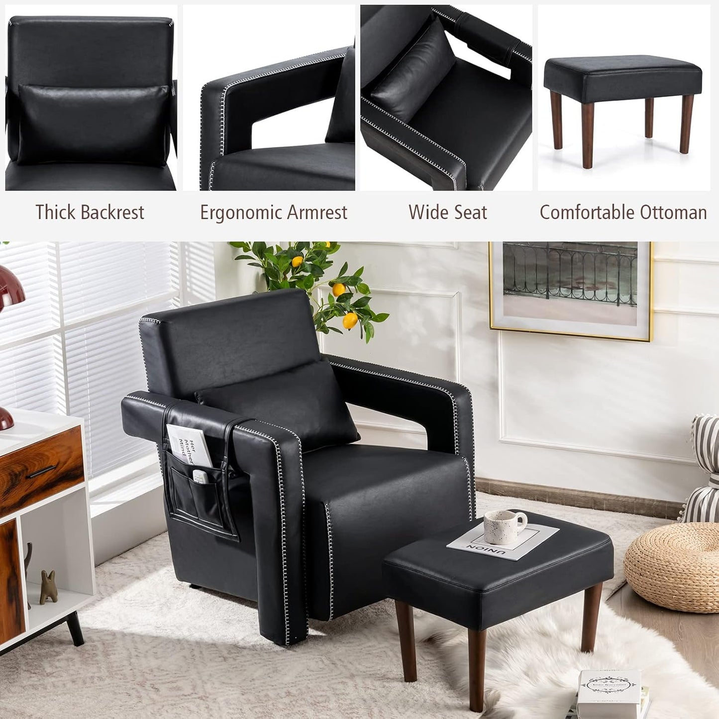 Giantex Modern Accent Chair with Ottoman, Soft Berber Fleece Single Sofa w/Side Storage Bag, Adjustable Foot Pads, Leisure Armchair for Office, Black