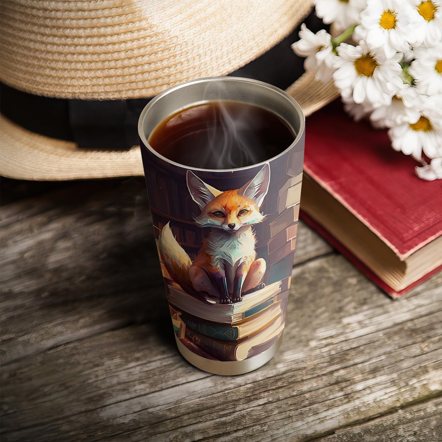 20oz Book Fox Tumbler, Librarian, Reading Gifts for Fox Lovers, Anniversary, Birthday Gifts, Coffee Tumbler for Women, Stainless Steel Double Wall Vacuum Insulated Coffee Mug, Travel Cup with Lid
