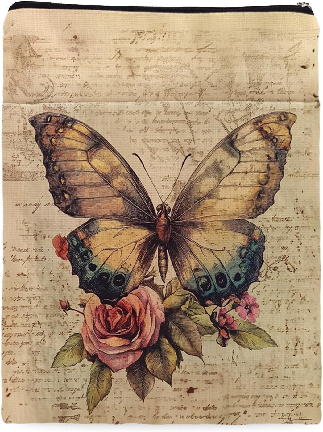 Vintage Butterfly Flower Book Cover, Book Sleeve with Zipper & Front Pocket, Reusable Book Pouch, Butterfly Floral Linen Prints Book Sleeve for Book Lovers, Bookish Gifts (Beige-Butterfly 3, Large)