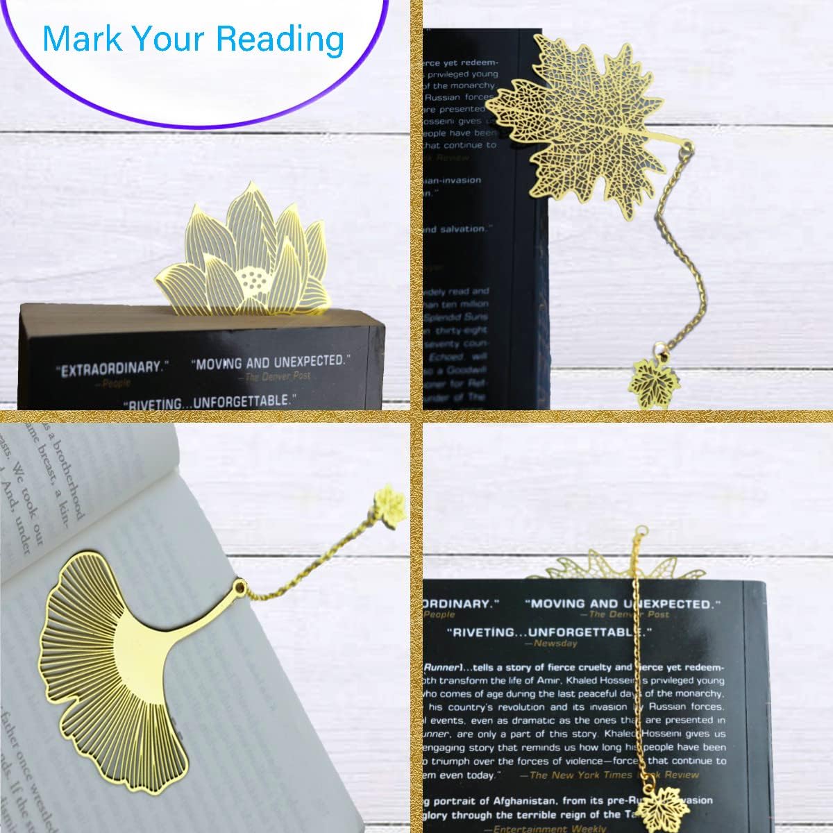 4 Pieces Bookmarks，Handmade Thumb Wooden Walnut Book Page Holder with Golden Ring，Bat Wing Design，3 Pieces Metal Bookmarks with Chain，Golden Hollow Design, Book Reading Accessories (Medium)