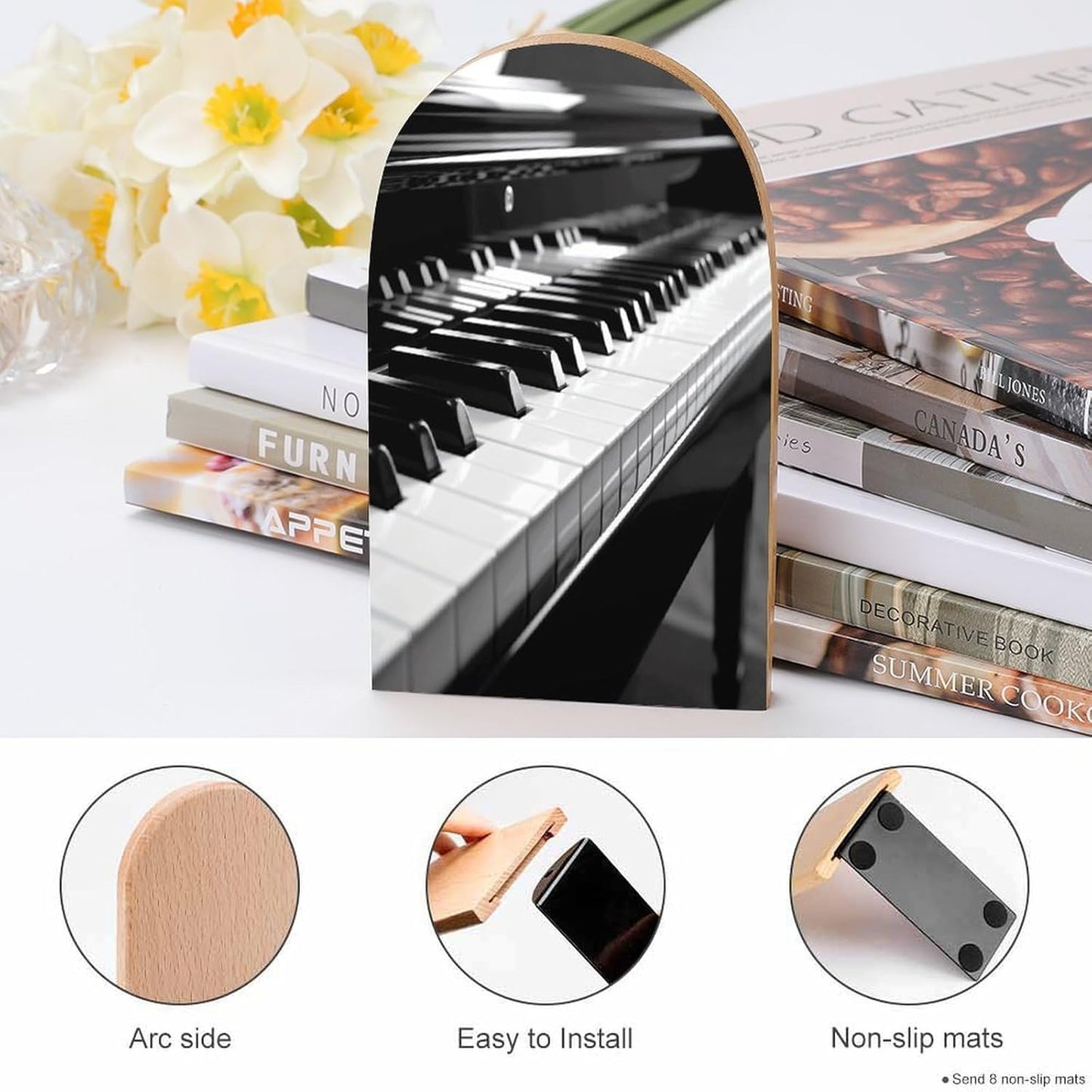 Black White Piano Keyboard Bookends 1 Pair Heavy Duty Book Ends for Shelves Non-Skid Bookend Supports Wooden Book Holders with Metal Base Desk Organizers Books Storage to Hold Books