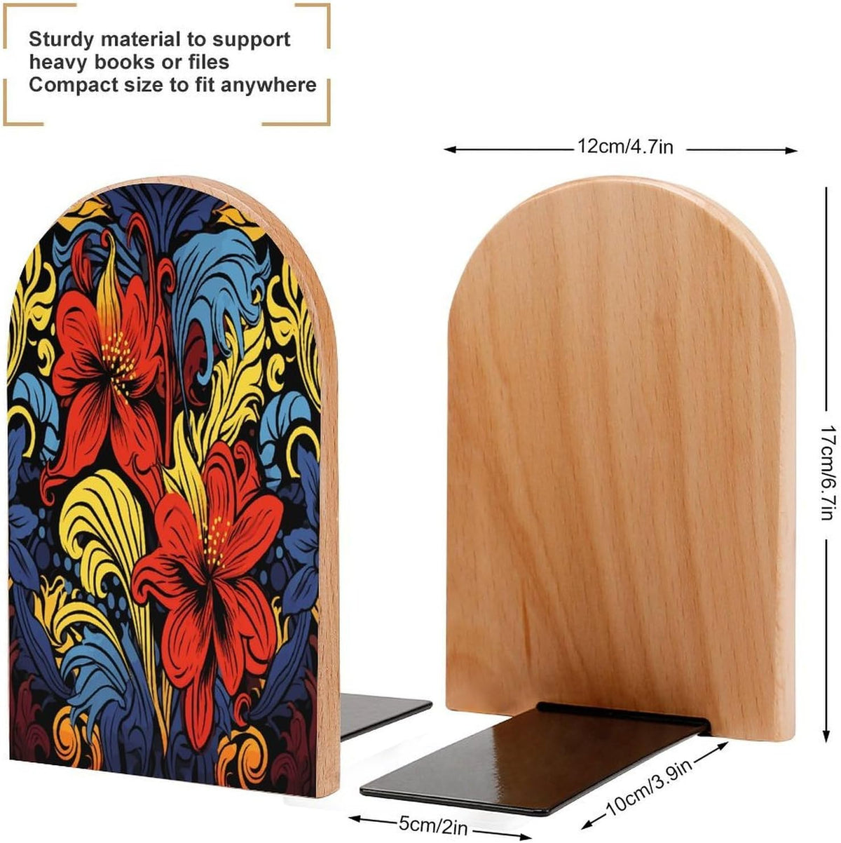 Red and Yellow Style Wooden Bookend Non-Slip Book Ends Heavy Duty Book Stopper with Metal Base Books Holderd Decorative Bookends Stands Firmly for Office Supplies