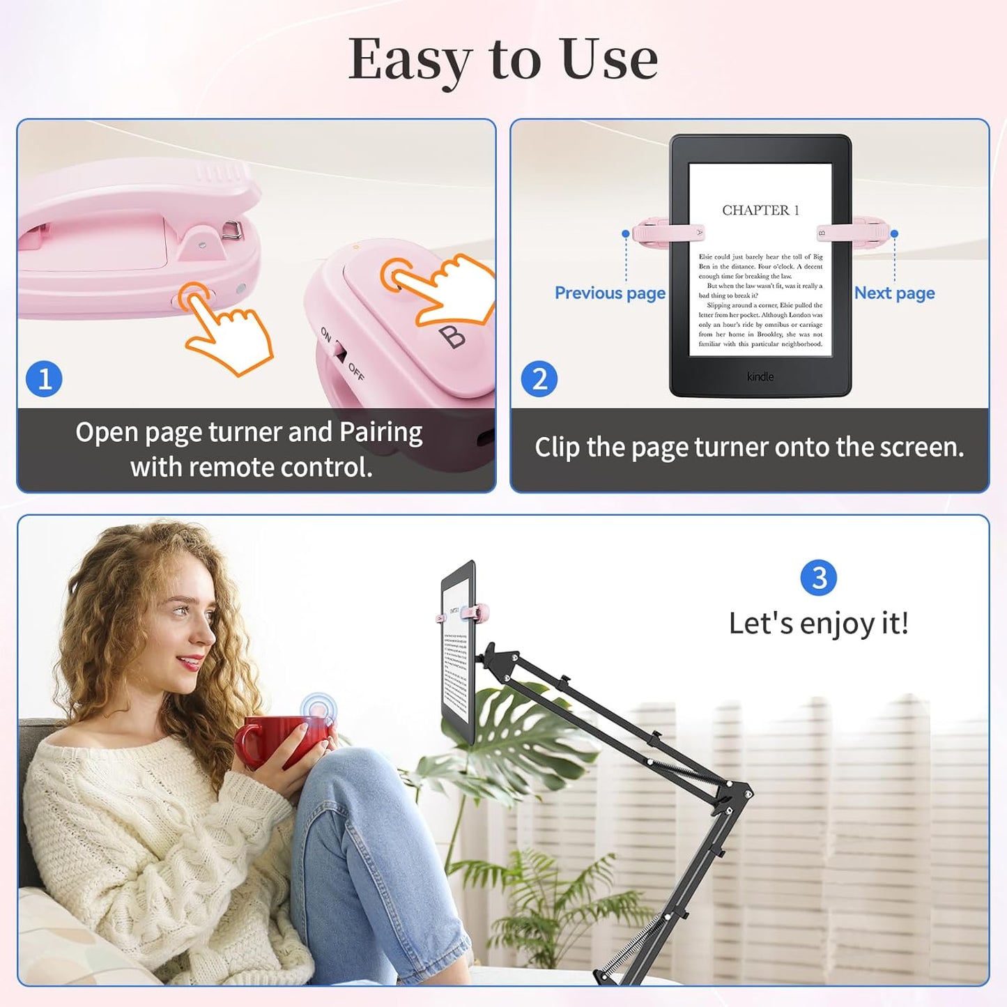 [2 Clips] Finger Ring Kindle Page Turner Remote Control for Paperwhite: Rechargeable Wireless Clicker for Reading on Bed for iPhone Android iPad, Camera Shutter & Video Record Accessories (Pink)