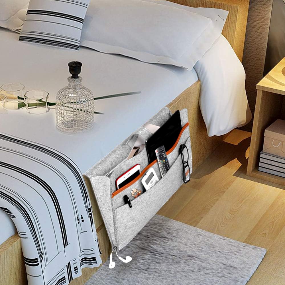 Bed Organiser, Felt Bed Bag, Non-Slip Bedside Bag, Sofa Bed Hanging Storage for Book, Magazines, iPad, Mobile Phone, Remote Control, Light Grey