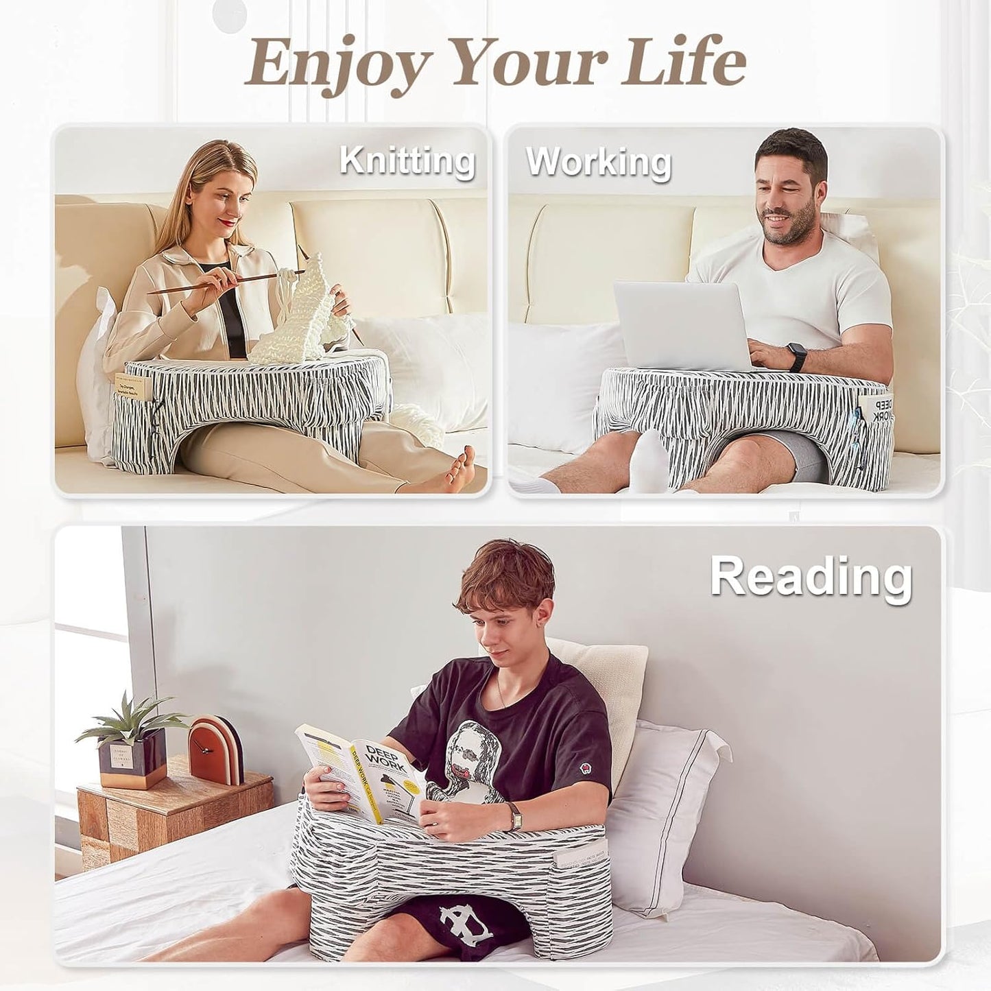 Generic Heart-Shaped Reading Pillow, Lap Desk, Gaming Lap Pillow, Reading Cushion, Cushy Desk, Lap Pillow, Reading Cushion, Gaming Pillow, Book Pillow for Reading in Bed, Black & White Stripes