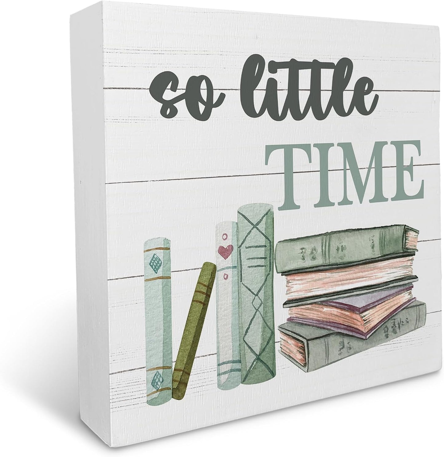 KU-DaYi Book Quote So Little Time Wood Box Sign Rustic Farmhouse Style Wood Block Plaque Decor for Home Reading Room Library Classroom Bookshelf Wall Desk Shelf Decoration,Gifts for Book Lovers