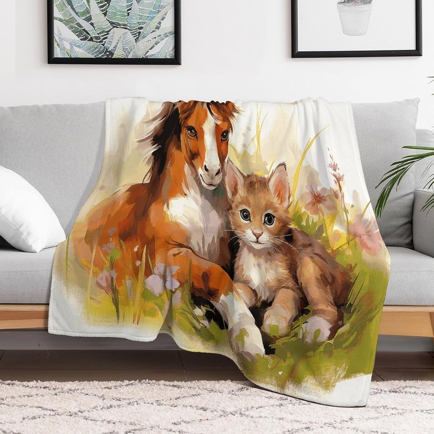 Cute Horse and Cat Throw Blanket for Couch Super Soft Warm Lightweight Throw Blankets Cozy Flannel Bed Blanket Cute Decorative Blankets for All Seasons Home Decor Gift 40"*50" （100 * 130cm）