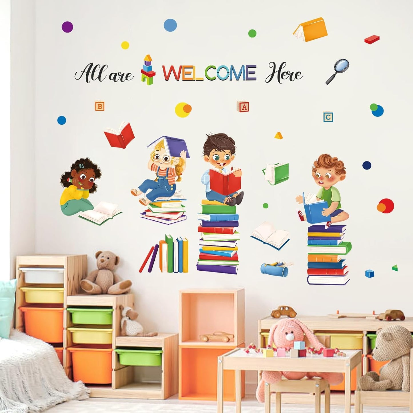 wondever Reading Corner Wall Decals Equality Kids Inspirational Quotes All are Welcome Here Peel and Stick Wall Art Stickers for Reading Room Classroom Kids Room