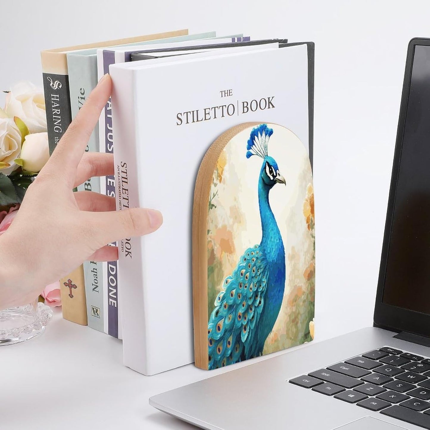 Non-Slip Bookend for Shelves Cartoon Blue Peacock Wooden Bookends with Metal Base Decorative Book Stopper for Home Heavy Duty Wood Book Storage for Books/CDs