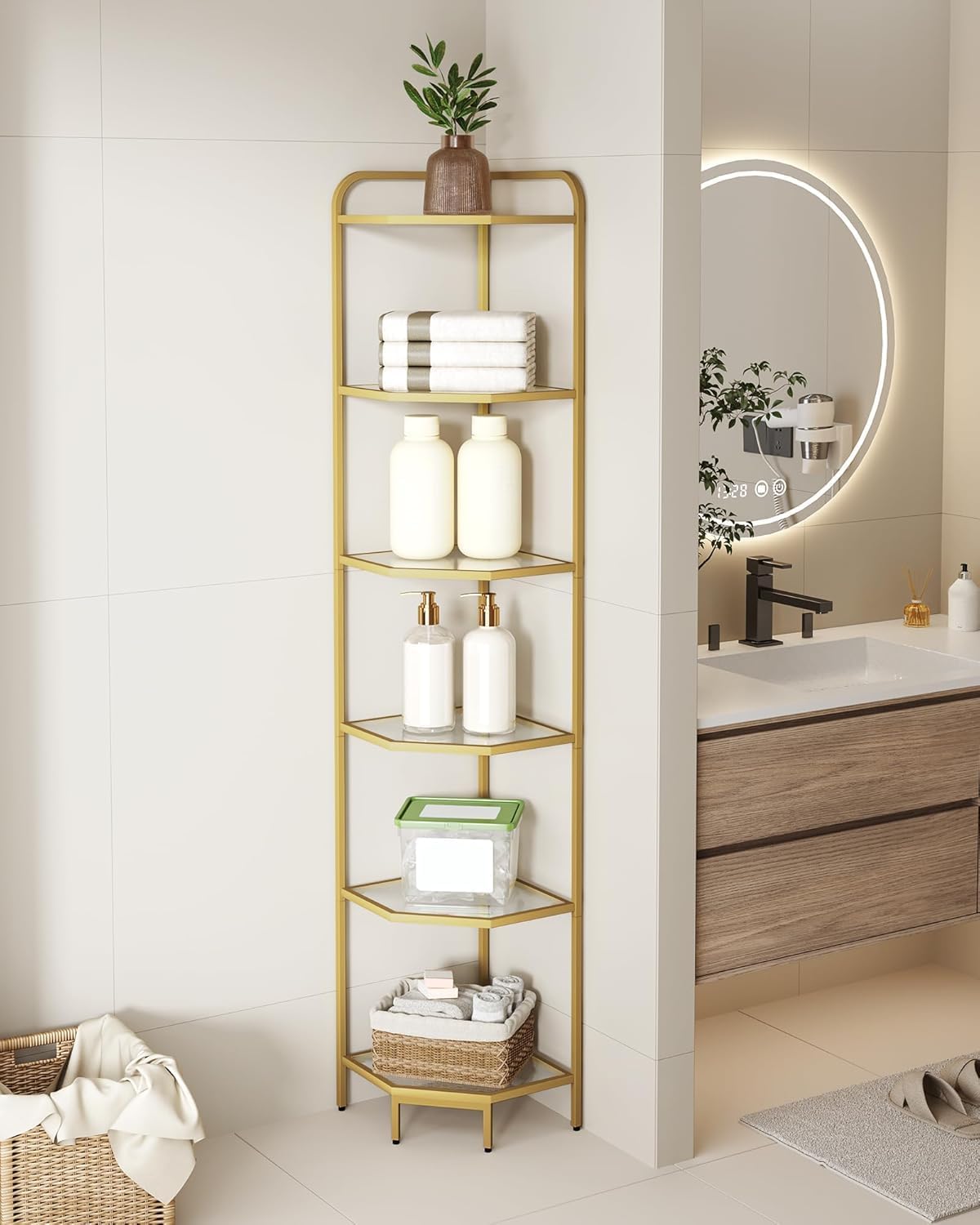 Corner Shelf Stand, 6-Tier Glass Bookshelf Bookcase, Bathroom Organizer, Plant Stand, Steel Frame, Tempered Glass, Modern Style for Living Room, Bathroom, Kitchen, Golden CS90600G
