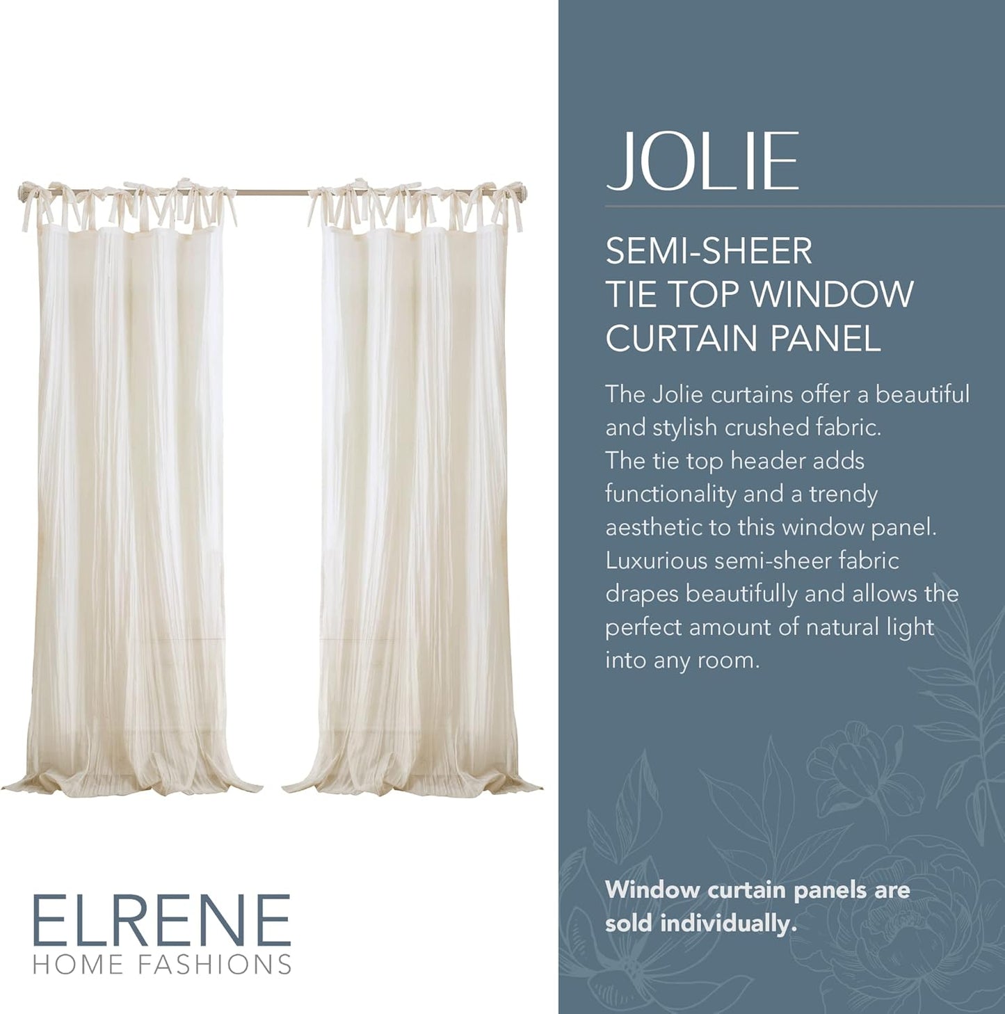 Elrene Home Fashions Jolie Crushed Semi-Sheer Window Curtain, Adjustable Tie-Top Single Panel, 52" x 95" (1 Panel), Ivory