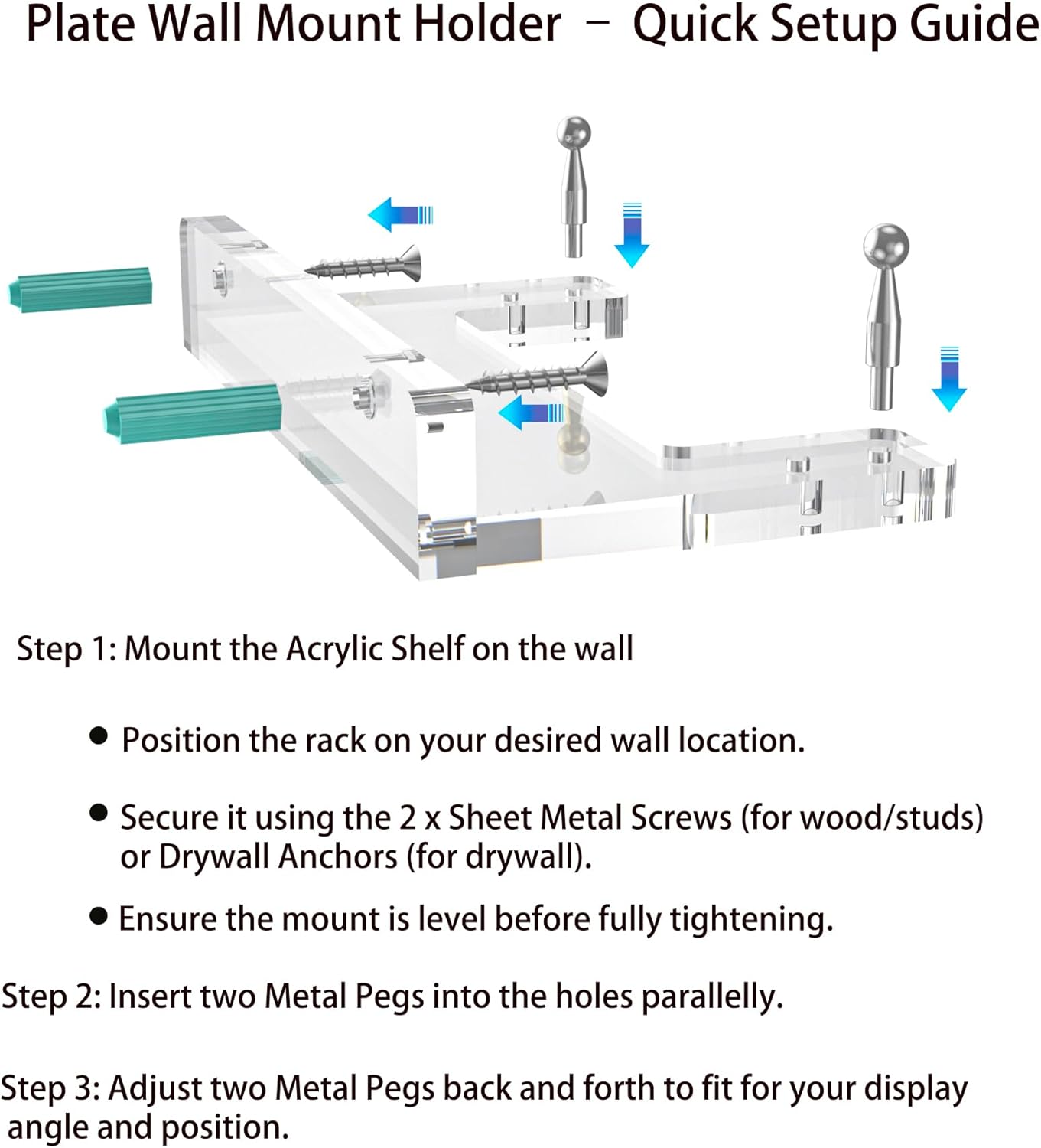 Wall-Mount Acrylic Display Shelf for Plates, Acrylic Plate Stand with Adjustable Display Angle, Ideal Hanger for 6-16 Inch Plates, Picture Frames, Bowl, Certificate, Artwork, Silver Pegs - 1 Pack