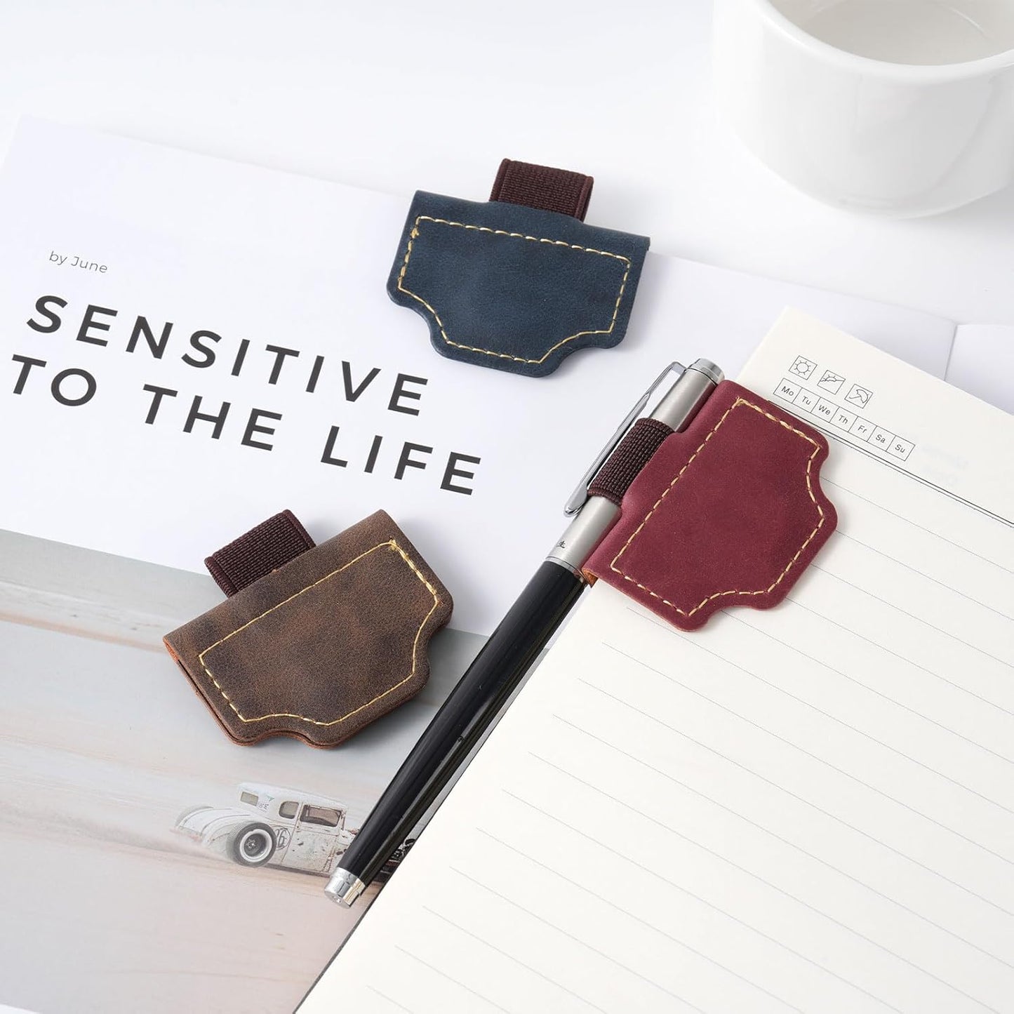 3 PCS Magnetic Pen Holders, Vintage Pen Holder for Notebook, Journal, Magnetic Pen Loop Holder Set for Readers, Book Lovers, PU Leather Book Mark Pencil Holder Clip for Women Men