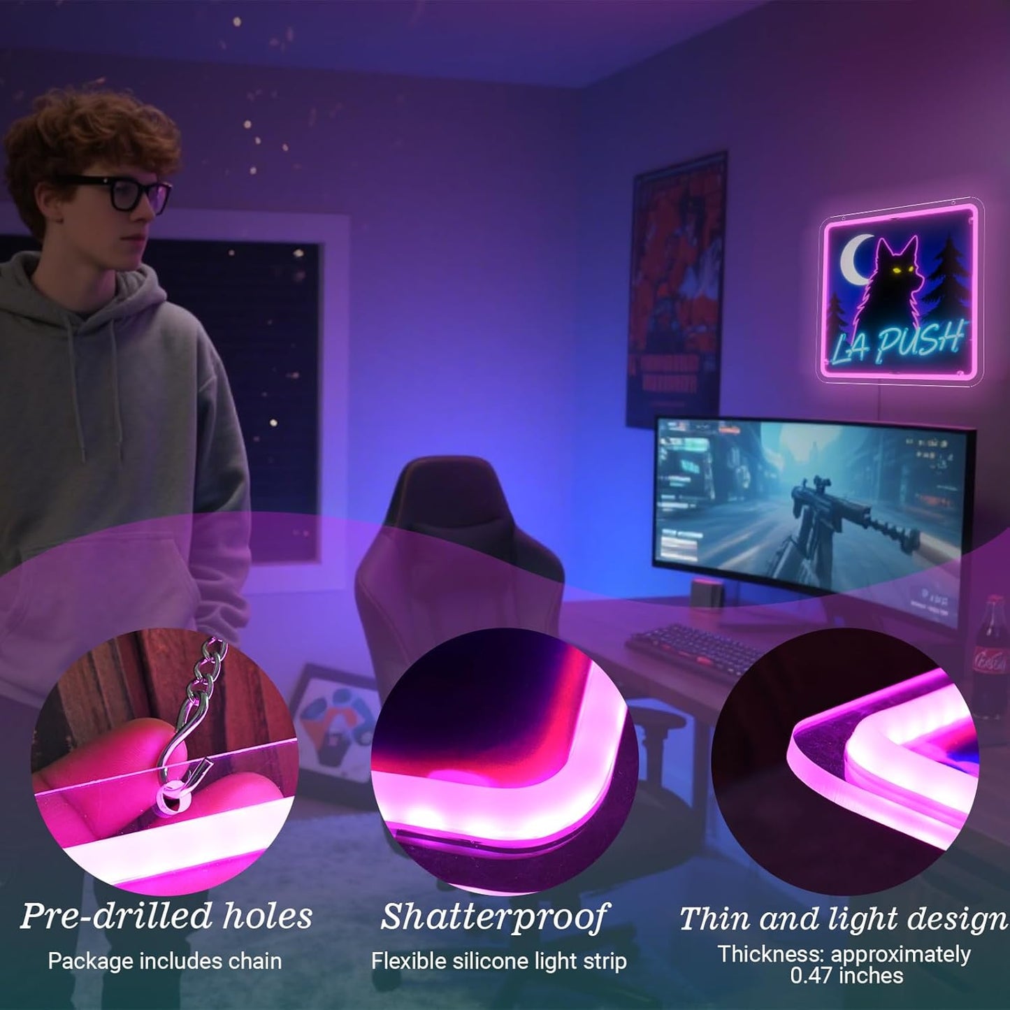 Twilig Neon Sign - 13" Pacific Wolf Moonlight Pink Coast Wall Light, Dimmable USB Decor - Forest Mystery Gift for Book Lovers