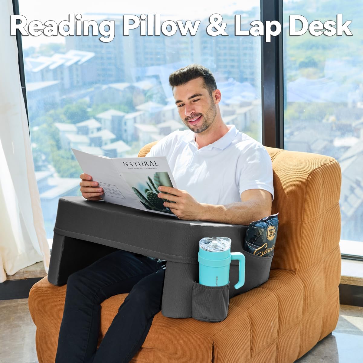 Soft Lap Desk Pillow for Laptop & Gaming,Arm Rest Laptop Lap Desk for Bed Couch with Cup Holder & Pocket,Ultimate Reading Pillow for Lap(Dark Gray, Large)