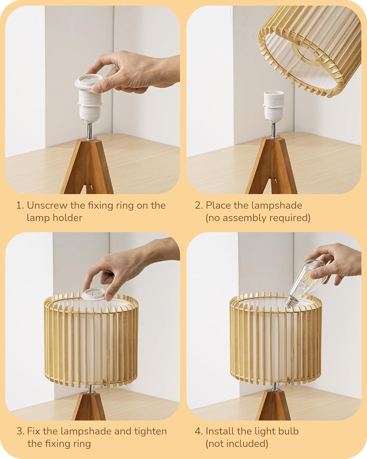 EDISHINE 14.17" Small Table Lamp, Wood Tripod Bedside Lamp, Natural Wood-Colored Hollow & White PVC Shade, E26 Base, Boho Nightstand Lamp for Bedroom, Living Room, Office, Study