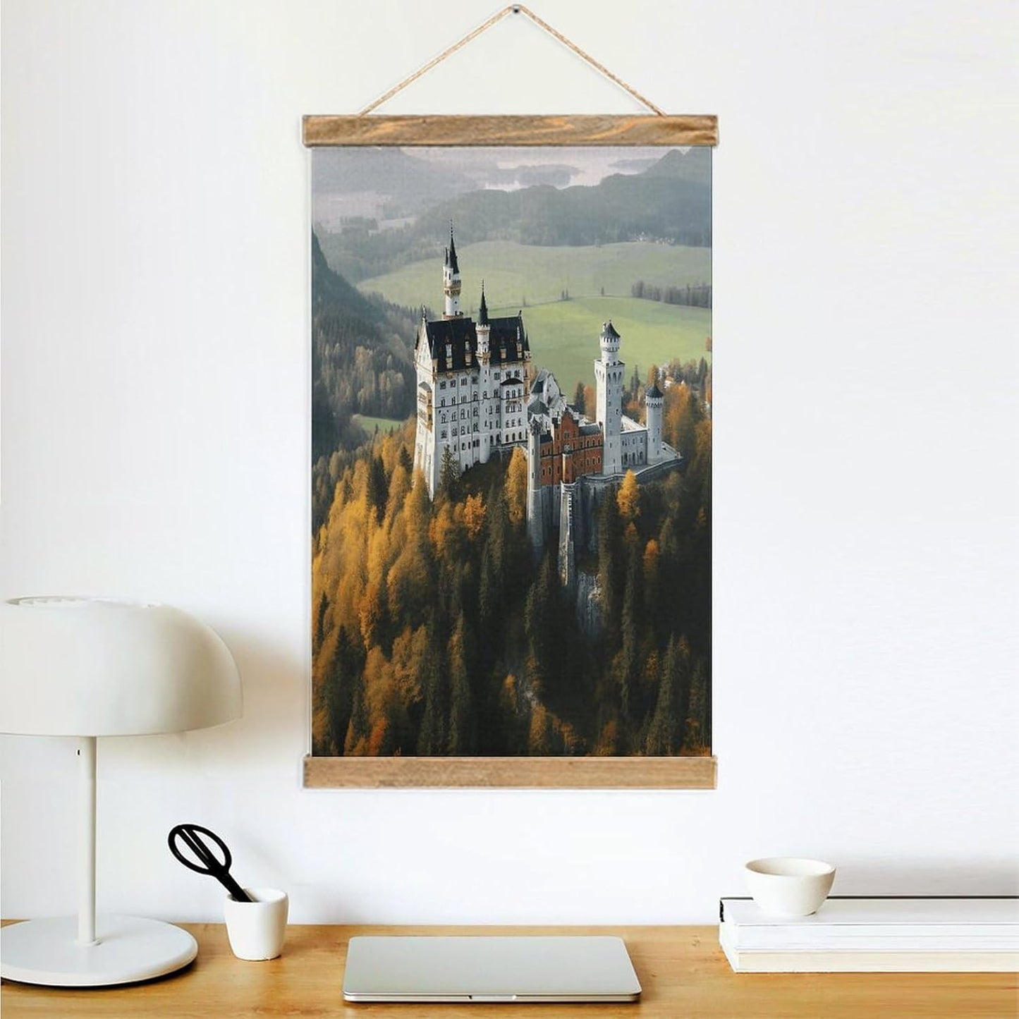 Vintage Germany Neuschwanstein Castle Poster with Wooden Frame Personalized Linen Hanging Scroll Painting Rustic Wall Hanging Illustrative Modern Artwork Decor for Home Living Room Bedroom Office