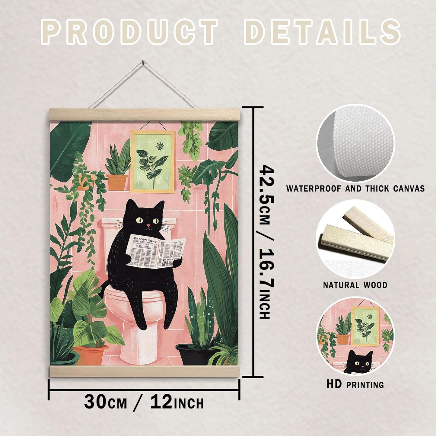 GOVGRTB Funny Black Cat Bathroom Canvas Wall Art Cat Reading Newspaper On Toilet Pink Green Plant Artwork,Vintage Wall Art for Bathroom Bedroom Living Room,Cat and Plant Lovers Wall Decor 12x16 Inch