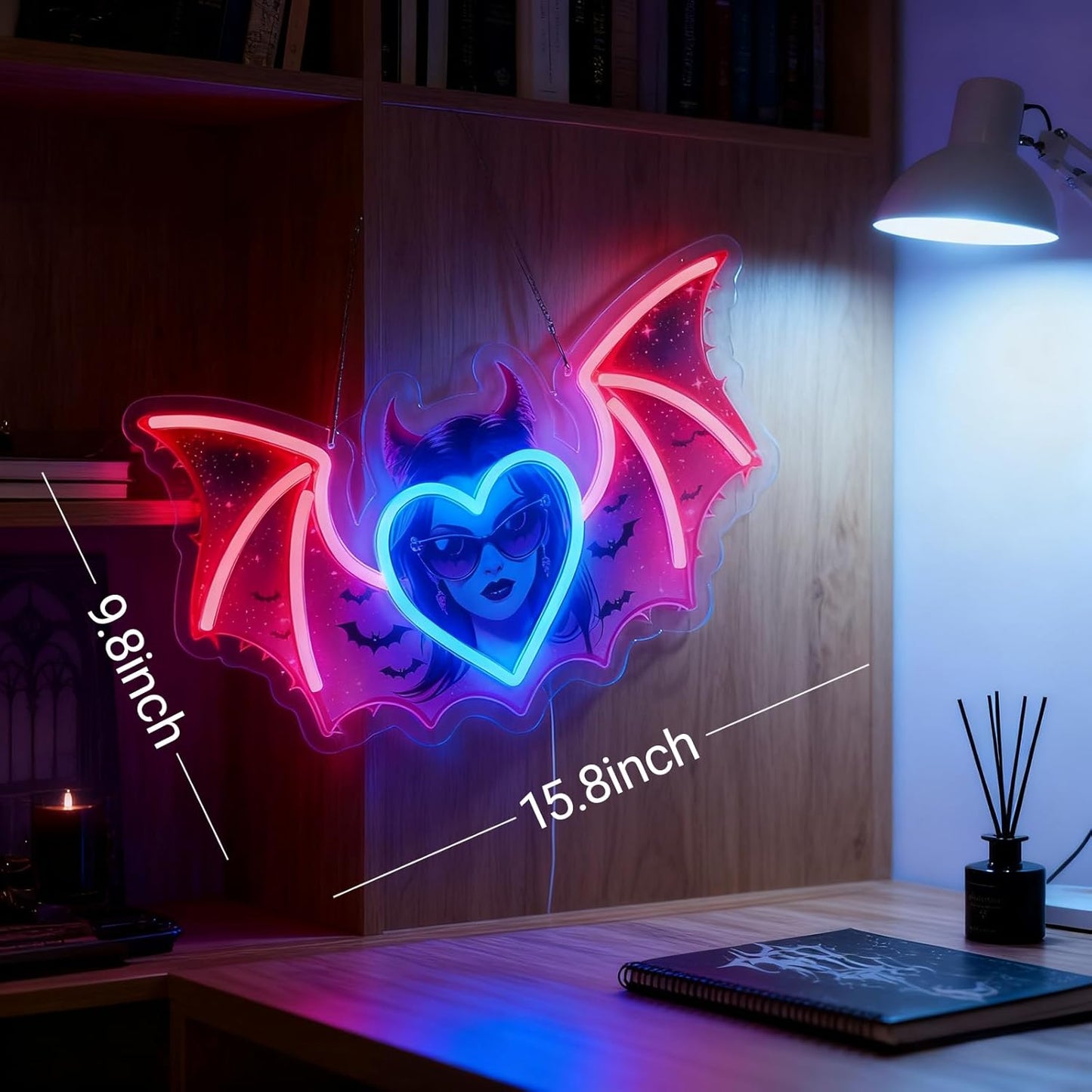 AuraCraft Monst High Neon Sign - 15.7" x 10" Gothic Vampire LED Wall Light, Red/Blue Glow, Dimmable USB Decor - Dark Fantasy Gift for Game Room