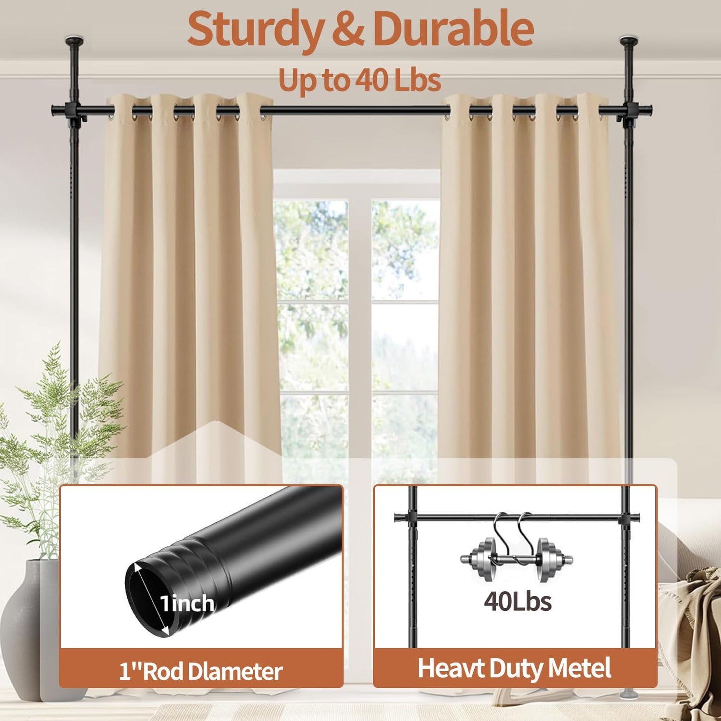Room Divider Curtain Rod, No Drilling Adjustable Space Partition, Heavy Duty Floor to Ceiling Tension Rod, 4-10ft(H) 28-70inch(W), Temporary Wall Divider for Privacy, Black