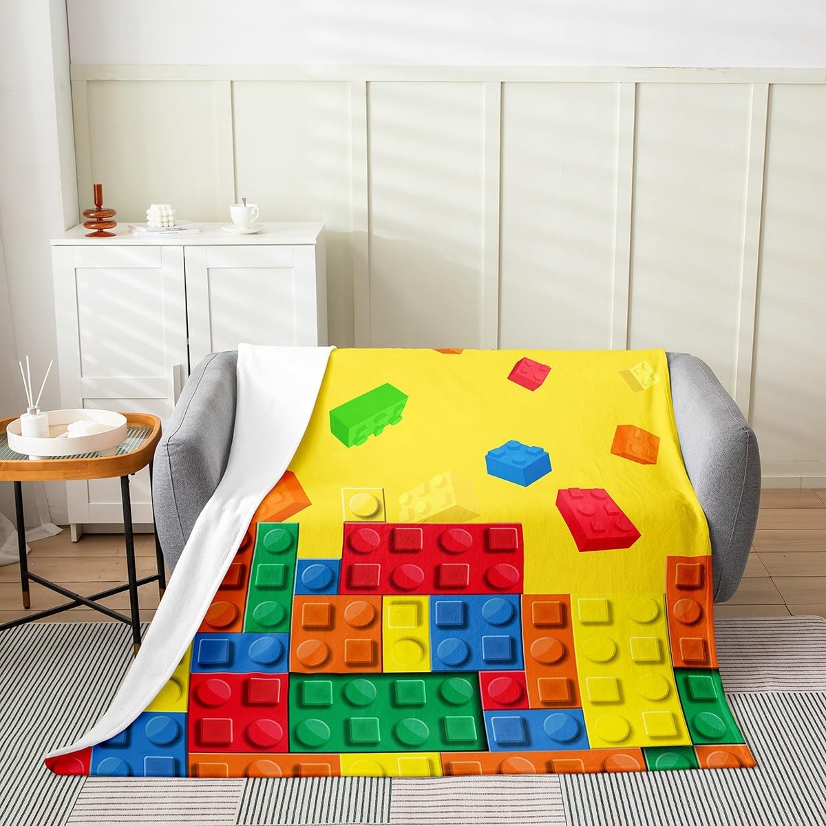 Feelyou Building Block Print Plush Throw Blanket, Throw 50"x60" Kids Brick Styles Flannel Fleece Blanket for Sofa Couch Colorful All Season,Bed Blanket Gaming Yellow