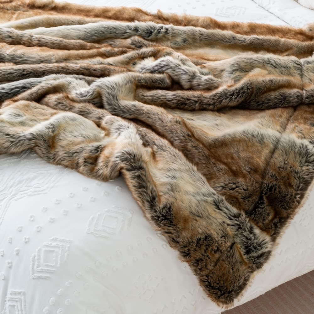BATTILO HOME Luxury Brown Faux Fur Blanket Thick Warm Elegant Cozy Fuzzy Throw for Couch, Bed, Sofa Fluffy Blankets Decorative Reversible to Plush Velvet, 50"x60"