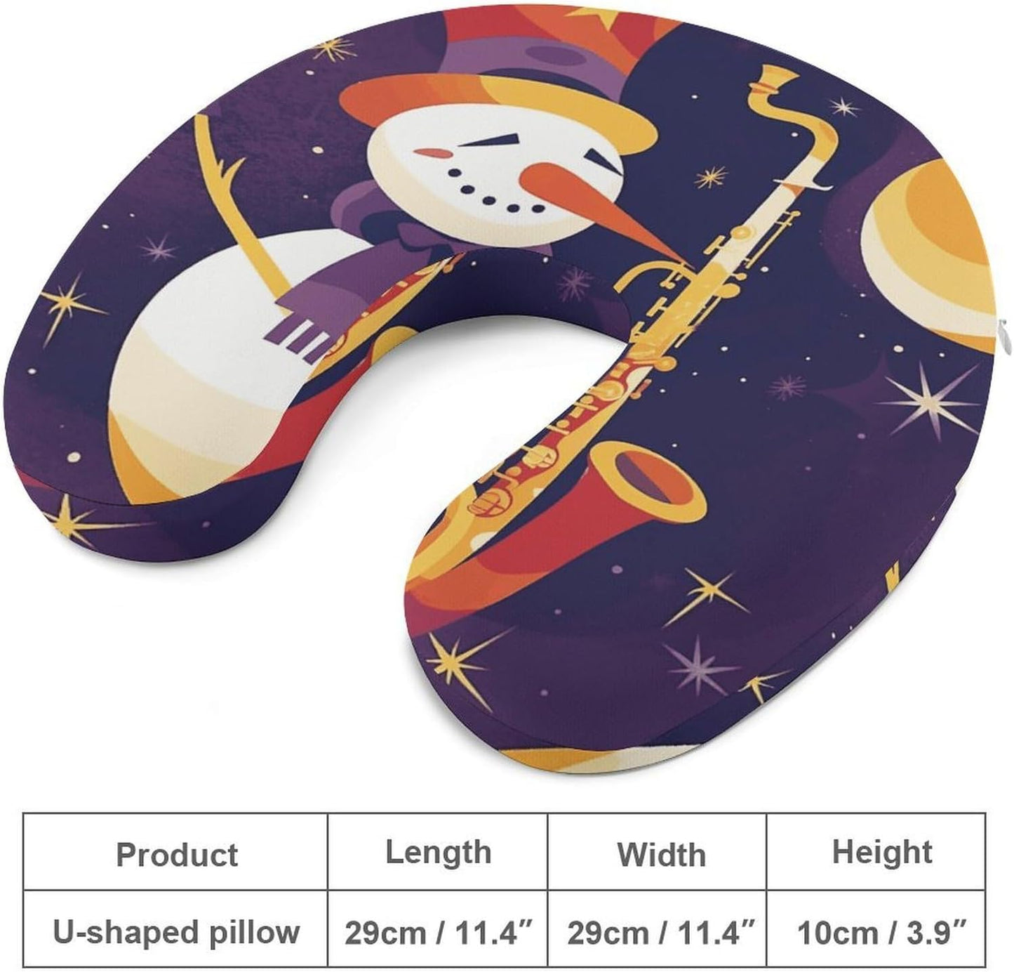 Snowman Plays Saxophone Neck Pillow Memory Foam U Shaped Pillows Portable Pillows for Shoulder Travel Head Support Pillow with Concealed Zipper for Airplane Car Home Office
