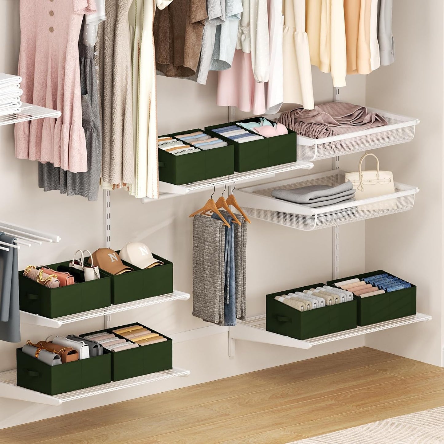 DIMJ Large Closet Shelf Organizer Bins 4 Packs with Handles and Divider, Fabric Trapezoid Storage Baskets, Foldable Clothes Containers Box for Shelf, Towel, Book, Toy, Purse, Hats, Green