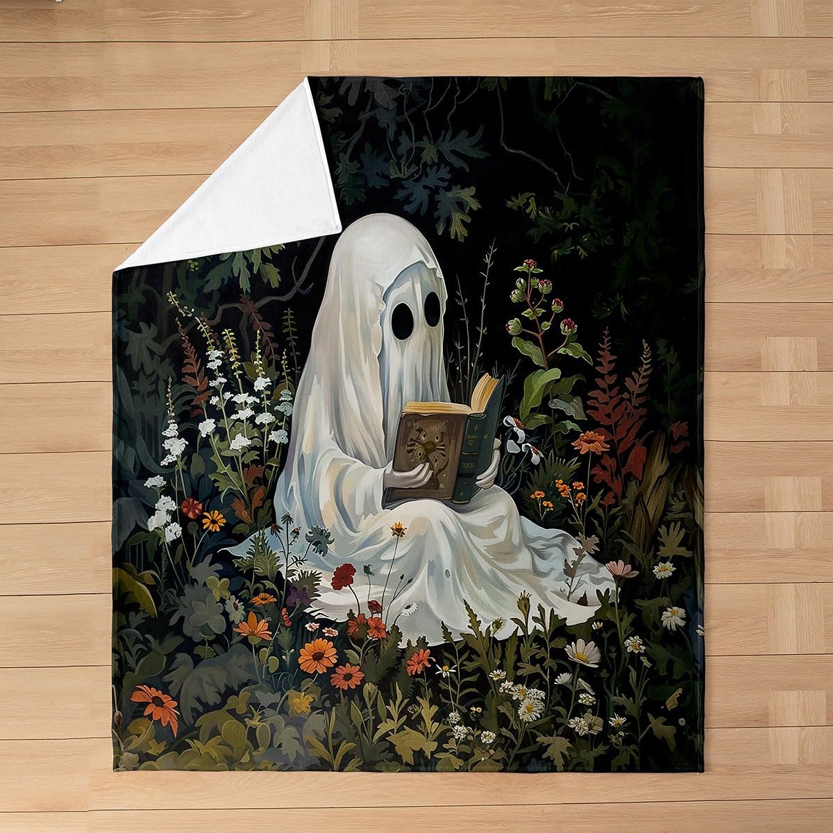 Cute Ghost Flannel Blanket Throw 50"x60",Rustic Halloween Reading Ghosts Lightweight Cozy Fuzzy Blankets for Couch Sofa Bed,Jungle Night Rustic Floral Super Soft Warm Plush Blankets and Throws