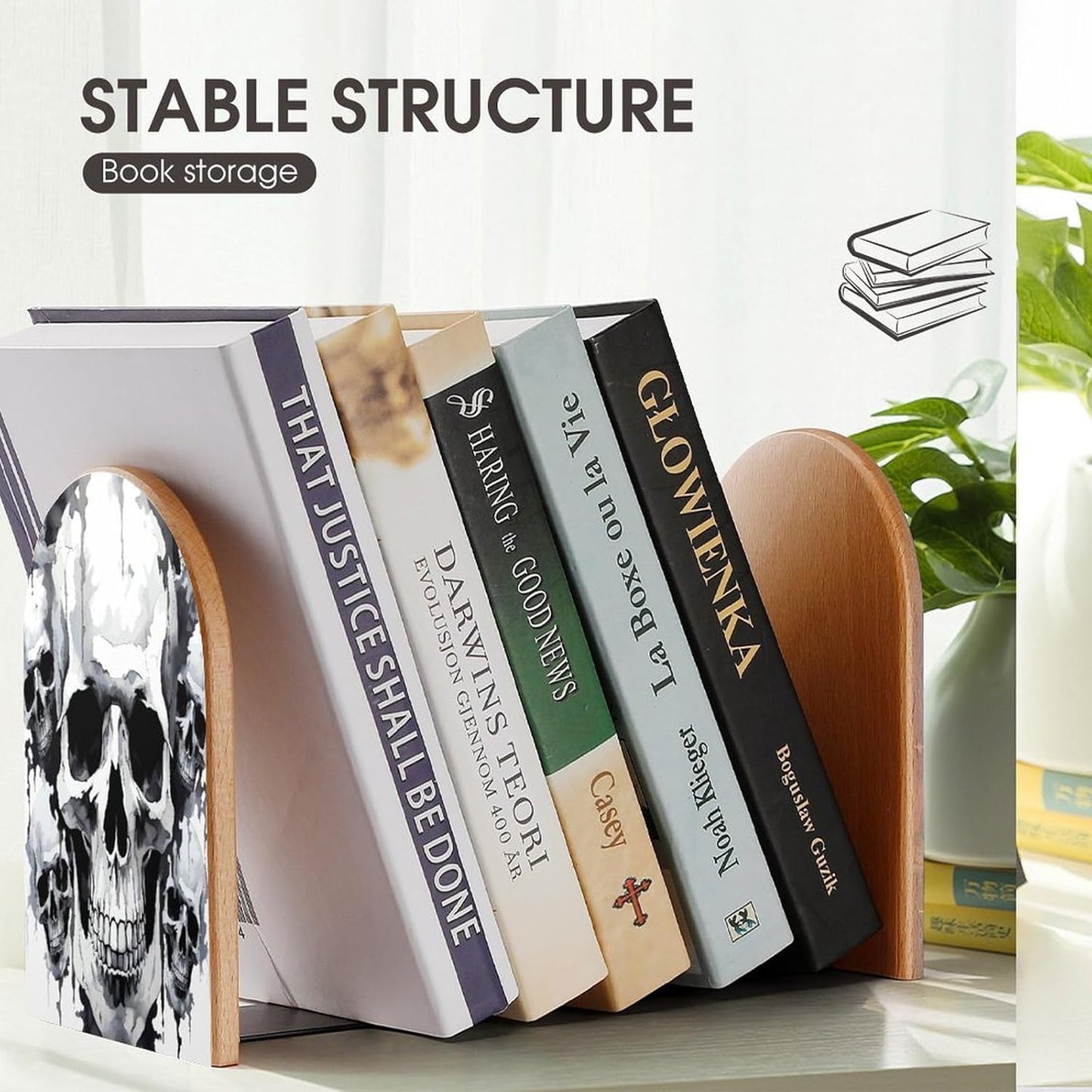 White and Gray Skull Graphics Bookend for Shelves Wooden Book End Large Size Sturdy Book Holders Stoppers with Metal Base for Bookshelves Slick Decorative Bookends Stands
